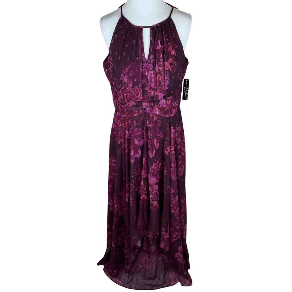 NWD R&M Richards Plum Rose Floral Halter Keyhole Chiffon Gown Maxi Dress Size 16 - Picture 2 of 16